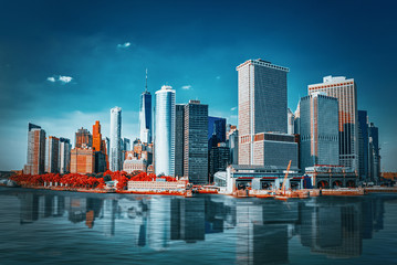 View Hudson bay to Lower Manhattan and Staten Island Ferry terminal. New York City is Financial...