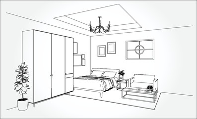 Linear sketch of an interior. Living room and bedroom drawing plan. Sketch Line sofa set. Vector illustration.outline sketch drawing perspective of a interior space.