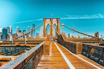 Photo sur Aluminium Brooklyn Bridge Lower Manhattan du pont de Brooklyn qui traverse l& 39 East Rive, entre Manhattan et Brooklyn. New York.