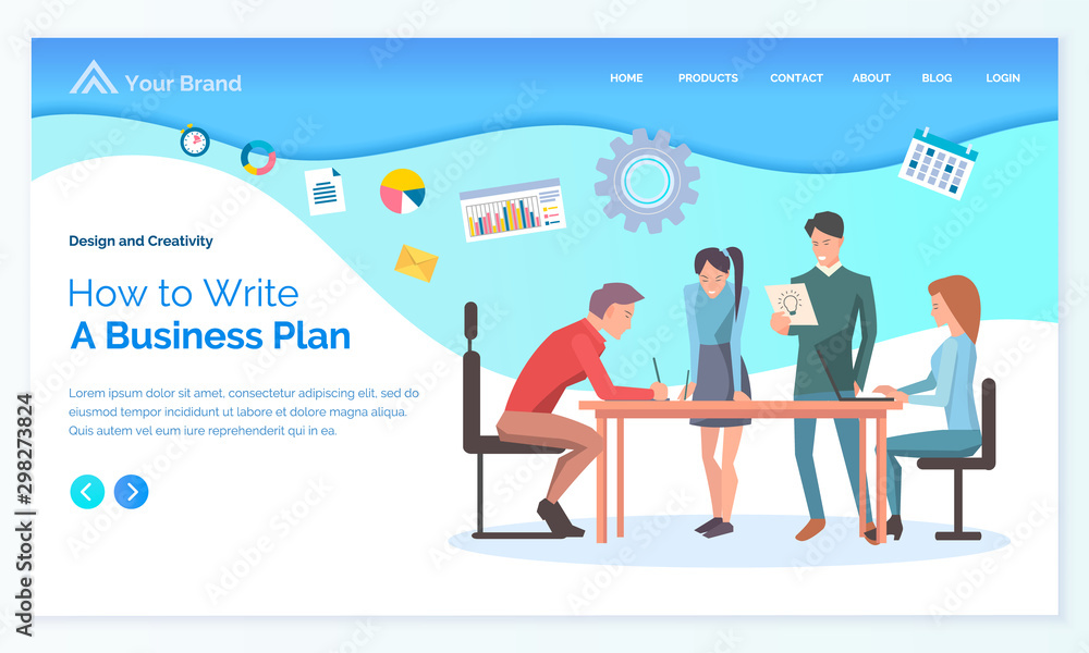 Poster teamwork cooperation how to write business plan, man and woman working with laptop. diagram and sett