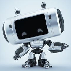 Robotic silver toy with big tube head. 3d rendering in gesturing action 