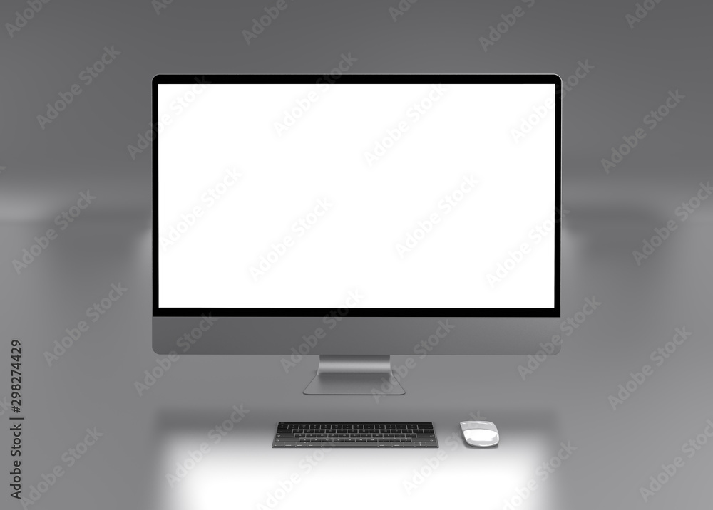 Poster computer blank screen isolated on white background with mouse and keyboard