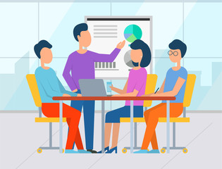 Infocharts on whiteboard, presentation with info and segments. Seminar business conference with workers in office, planning new strategy. Vector illustration in flat cartoon style