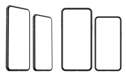 Set of frameless smartphone mockups – blank screens in front and angled views, various sizes isolated on white background