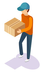 Delivery man with package in hands isolated cartoon person. Vector guy in cap with packaging, square box with adhesive tape. 3D isometric animated character