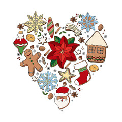 doodle set of heart-shaped christmas ginger cookies