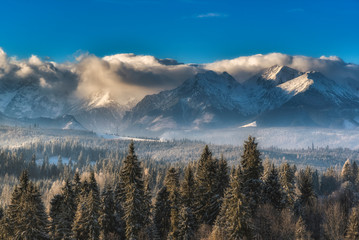 Beautiful winter landscape with a view of the Tatra Mountains