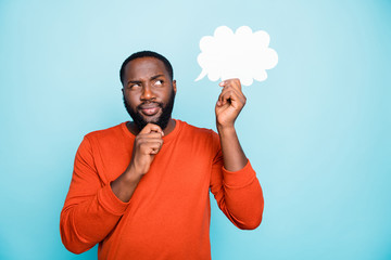 Photo of solving deciding man touching his beard in a fit of thoughts about his future concentrated...