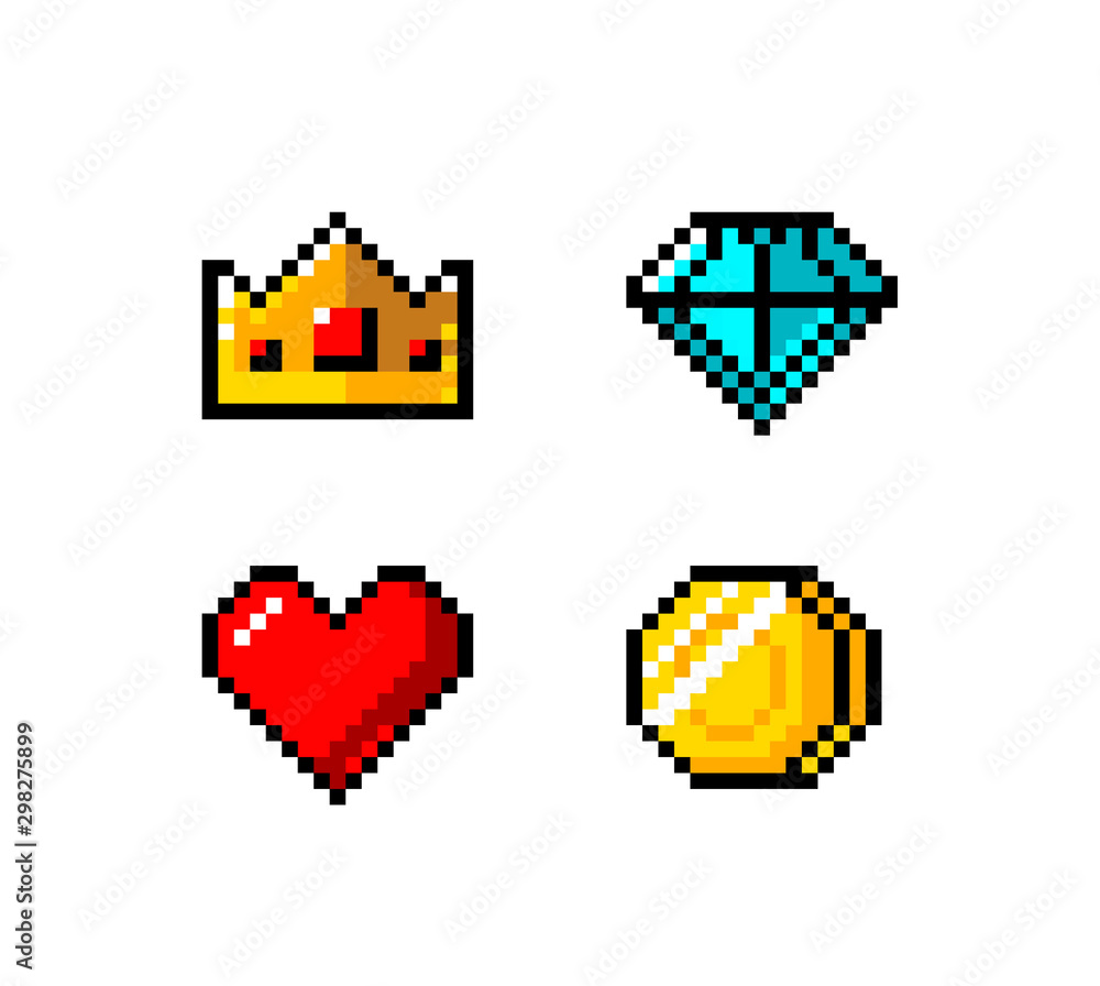 Fototapete pixel art, game item, icon and objects for the design. vector illustration. fantasy world. old game 