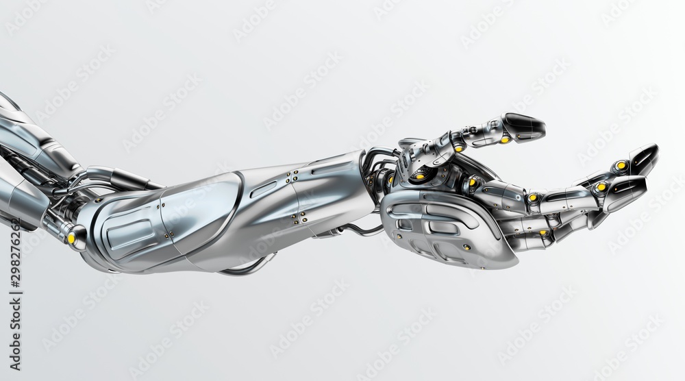 Poster futuristic arm, type of bionic arm with similar functions to a human arm. 3d rendering