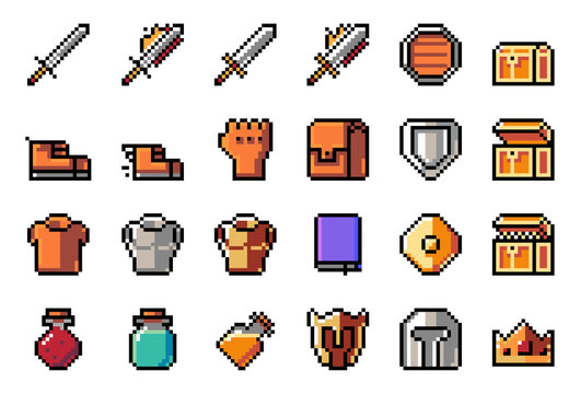 Pixel art, game item, icon and objects for the design. Vector illustration. Fantasy world. Old game console.