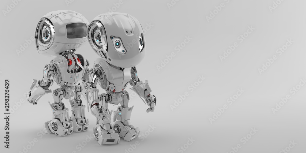 Poster two robotic bot toys, back to back 3d rendering