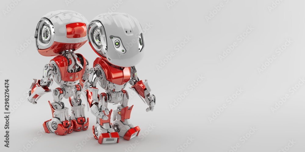 Poster two robotic bot toys, back to back 3d rendering