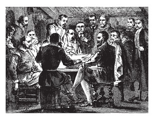 Signing of the Mayflower Contract,vintage illustration.