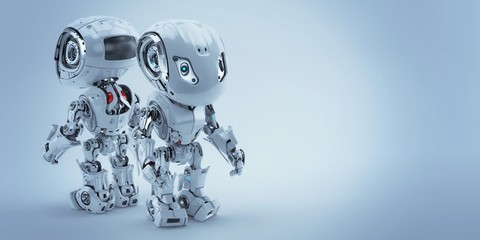 Two robotic bot toys, back to back 3d rendering