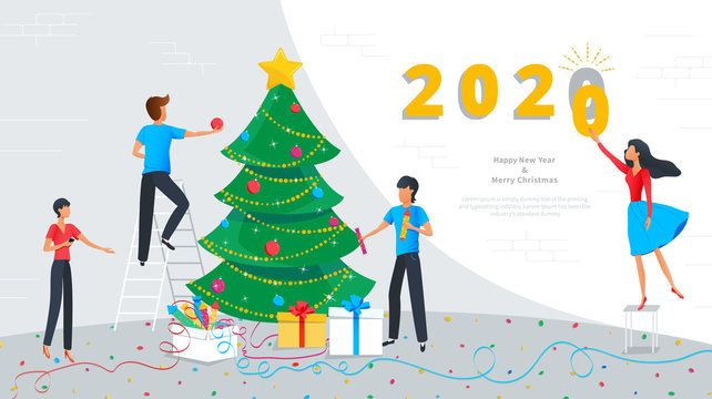 Merry Christmas and Happy New Year 2020 greeting card, small business people are engaged in decoration of christmas tree and preparing gift boxes, corporate people building numbers 2020 in the office