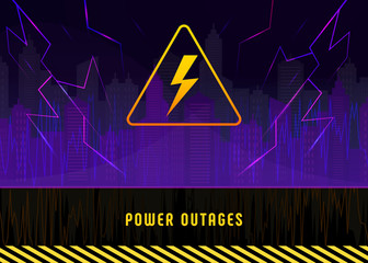 Power outage, warning poster with lightning on black background of the city without electricity. Banner with high voltage yellow triangular icon. Storm aftermath