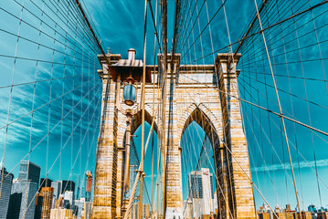 New York, USA,  Brooklyn Bridge across the East River between Manhattan and Brooklyn.