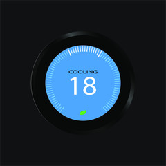 Cooling mode at 18 Celsius, Wireless Circle Thermostat with icons with black background 