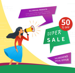 Referral marketing, refer a friend, loyalty reward program, young woman shout on megaphone, sale web banner with 50 percent off discount, special offer banner, template for business promotion, poster