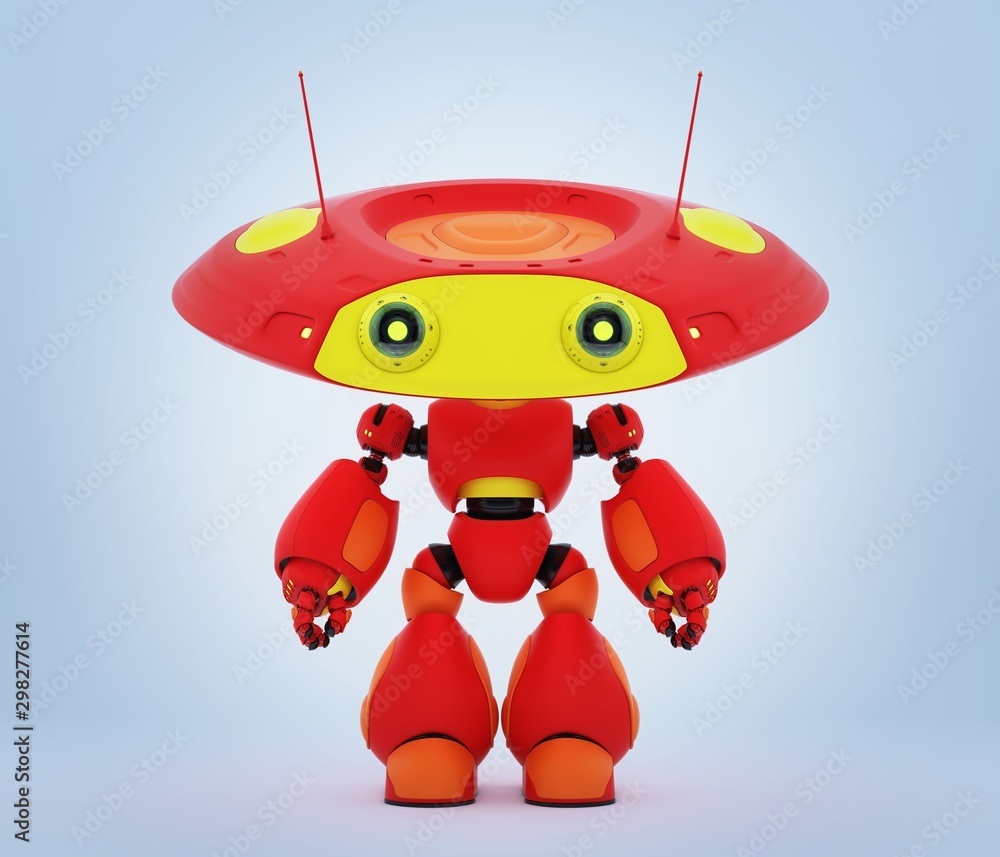 Poster cartoonish robotic ufo toy in red with yellow elements and funny antenna in front 3d render