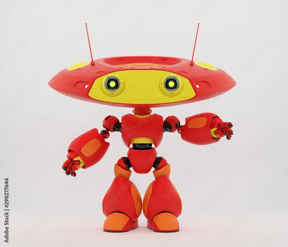 Poster cartoonish robotic ufo toy in red with yellow elements and funny antenna pointing, showing something