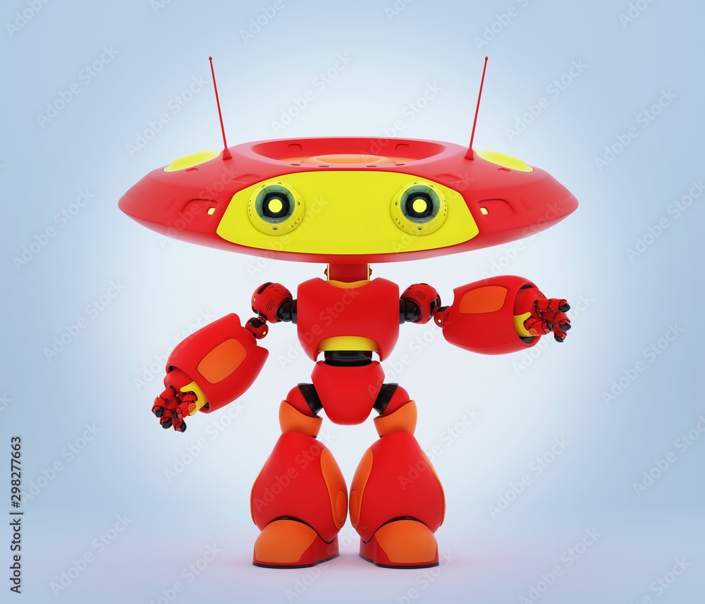 Poster cartoonish robotic ufo toy in red with yellow elements and funny antenna pointing, showing something
