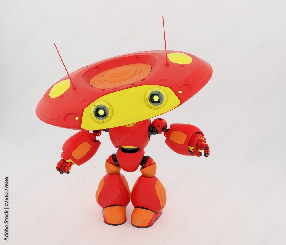 Poster cartoonish robotic ufo toy in red with yellow elements and funny antenna pointing, showing something