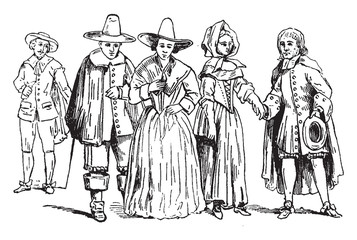 Puritans in mid 17th century, vintage illustration. - obrazy, fototapety, plakaty