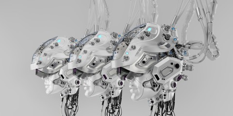 Three women robotic heads in line connected with wires and tubes. 3d render / Women robotic heads in line trio