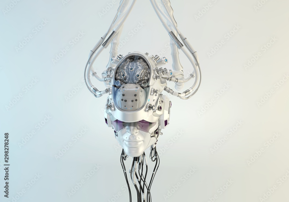Aufkleber humanoid robotic head with visible brain connected with wires and tubes, 3d render / connected head 