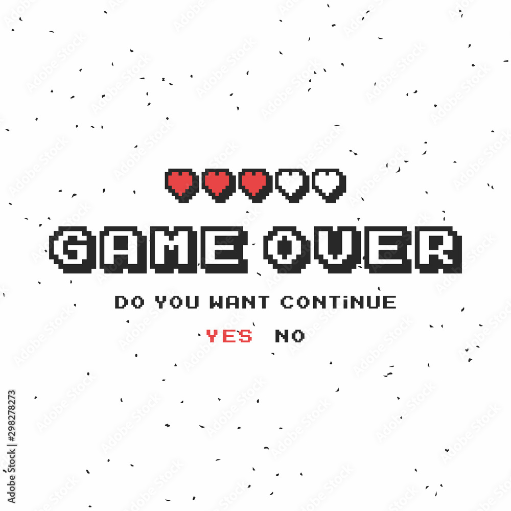 Poster game over vector pixel background, texture damage. glitch error with text. game design. final scene.
