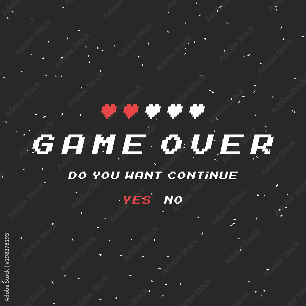 Poster game over vector pixel background, texture damage. glitch error with text. game design. final scene.