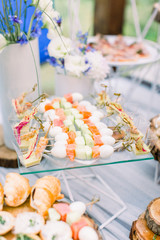 catering services background with snacks on the table in restaurant at event party or wedding dinner outdoors