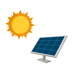 Clean energy and sun power, vector illustration. blue solar panels under bright sun. Eco generation.