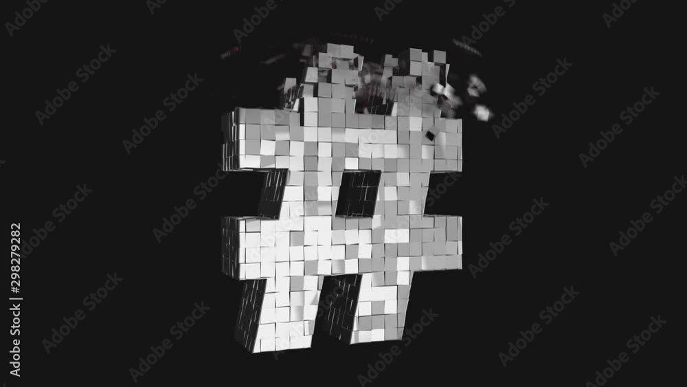 Poster transformer font - build and destroy # hashtag from metallic cubes, 3d letter animation on dark and 