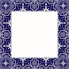 Tile frame vector. Vintage border pattern. Blue and white ceramic decor design. Italian majolica, mexican talavera, spanish mosaic, portuguese azulejos motifs.