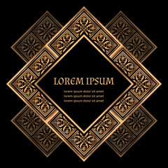 Luxury royal pattern vector frame. Islamic tile motif label. Gold black design for Ramadan holiday card, wedding party invitation, beauty spa salon flyer, yoga studio, save the date.