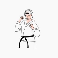 Karate kid. Boy or girl, man or woman in kimono with black belt. Hand drawn trendy vector illustration isolated on a white background. Japanese martial art. Self defence position.