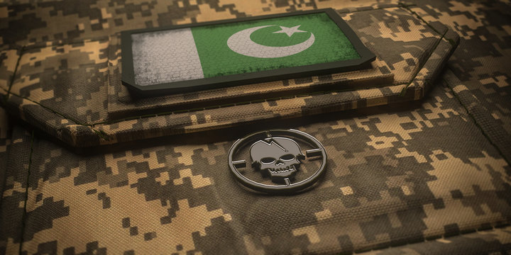 Islamic Republic of Pakistan army chevron on ammunition with national flag. 3D illustration