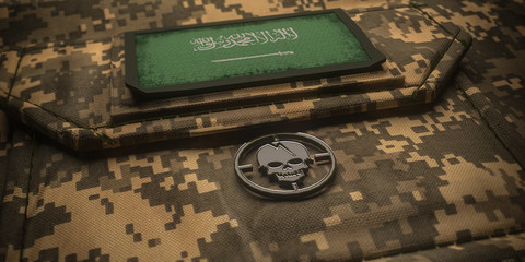 Kingdom of Saudi Arabia army chevron on ammunition with national flag. 3D illustration