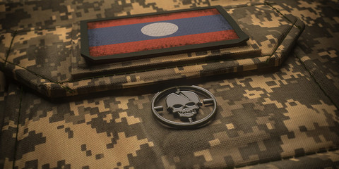 Laos Democratic Republic army chevron on ammunition with national flag. 3D illustration