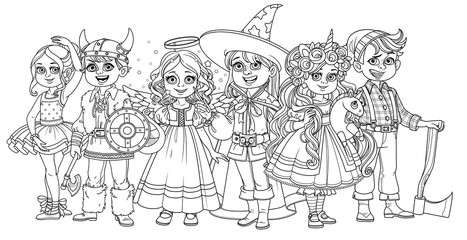 Children in carnival costumes of the unicorn, ballerina, wizard, viking, angel and lumberjack outlined for coloring page
