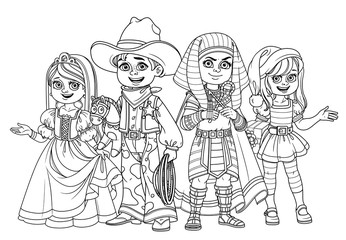 Children in carnival costumes of the pharaoh, princess, cowboy and new year elf Santa Claus outlined for coloring page
