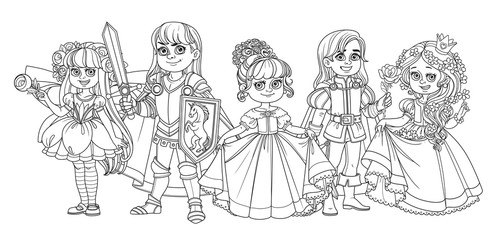 Fototapeta na wymiar Children in carnival costumes of the fairy,prince, princess and knight outlined for coloring page
