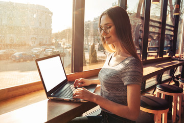 young beautiful girl in a coffee working on a laptop,space for text on the screen