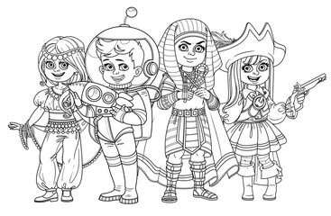 Children in carnival costumes of the eastern dancer, astronaut, egyptian pharaoh, pirate outlined for coloring page