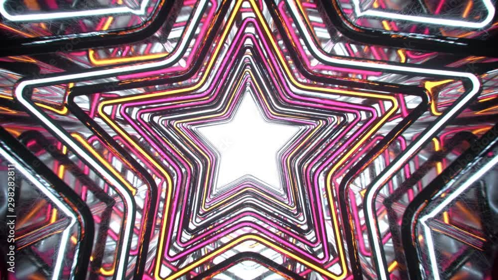 Poster flight through corridor with shining neon disco stars. discotheque party design. seamless loop 3d re