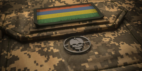 Republic of Mauritius army chevron on ammunition with national flag. 3D illustration