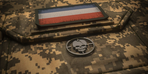 Republic of Serbia army chevron on ammunition with national flag. 3D illustration